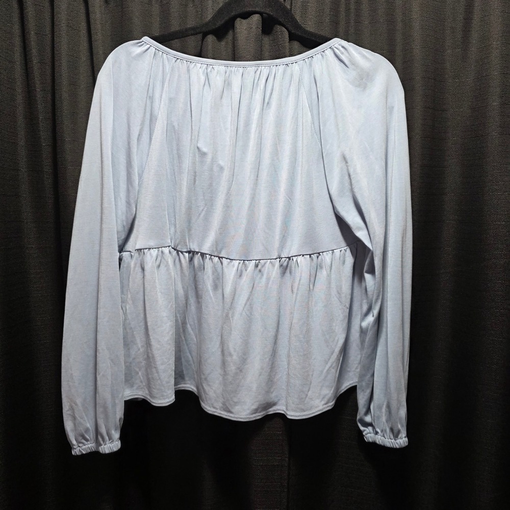Lucky Brand Light Blue Smocked Babydoll Knit Top Long Sleeve Henley Womens Small - Picture 3 of 9